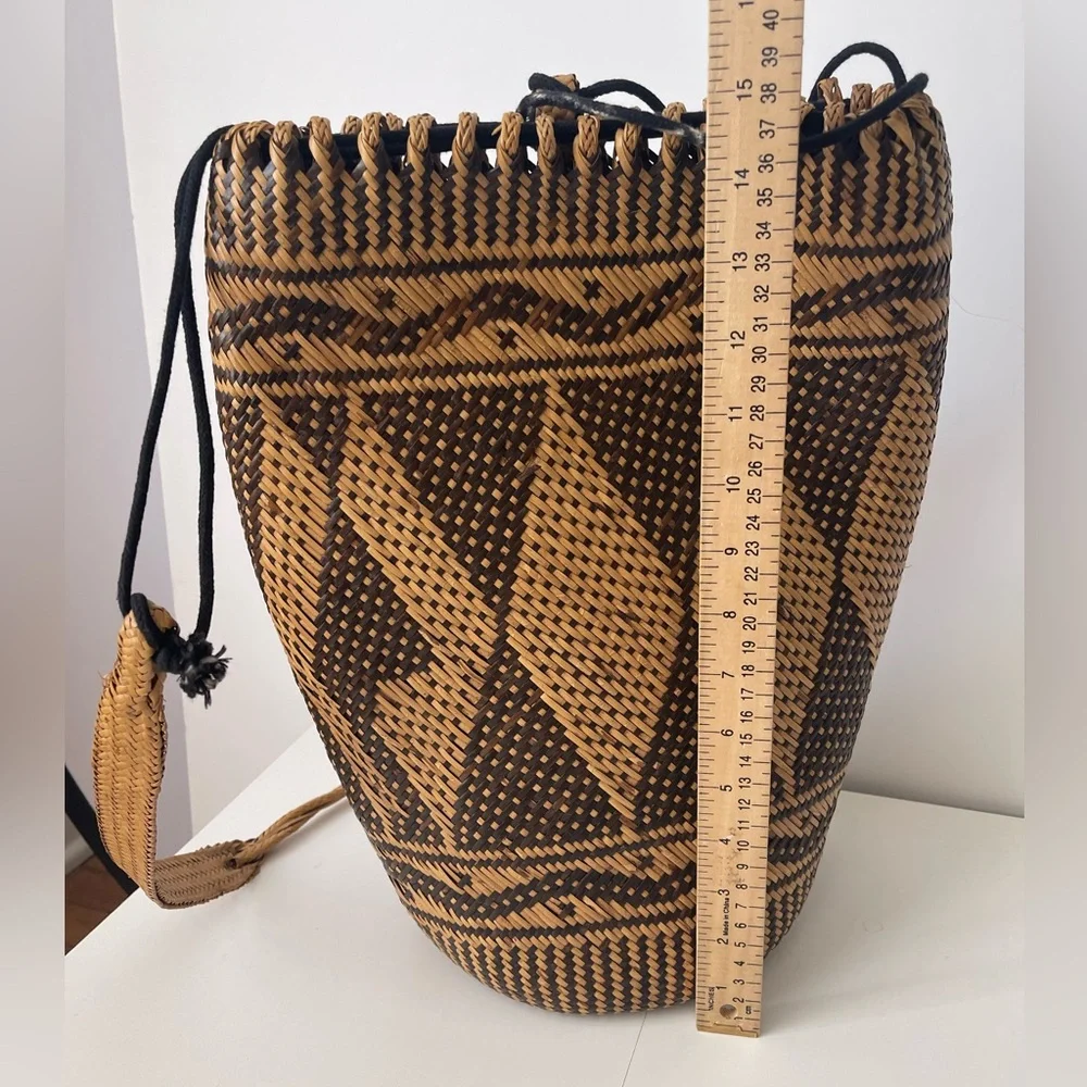 Rattan AJAT BASKET Wicker Backpack Sling Bag Argyle Pattern Woven